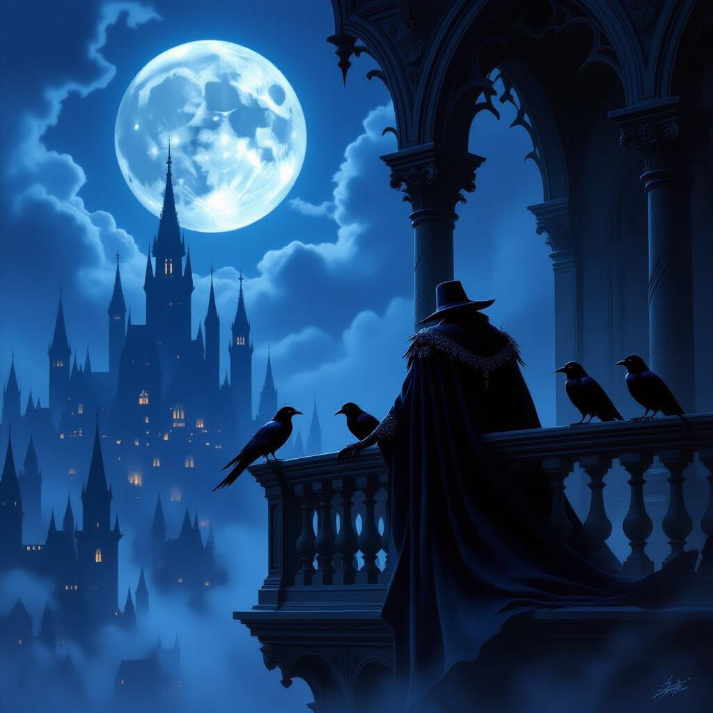 Regal Vampire Lord Surveys Moonlit Gothic Domain