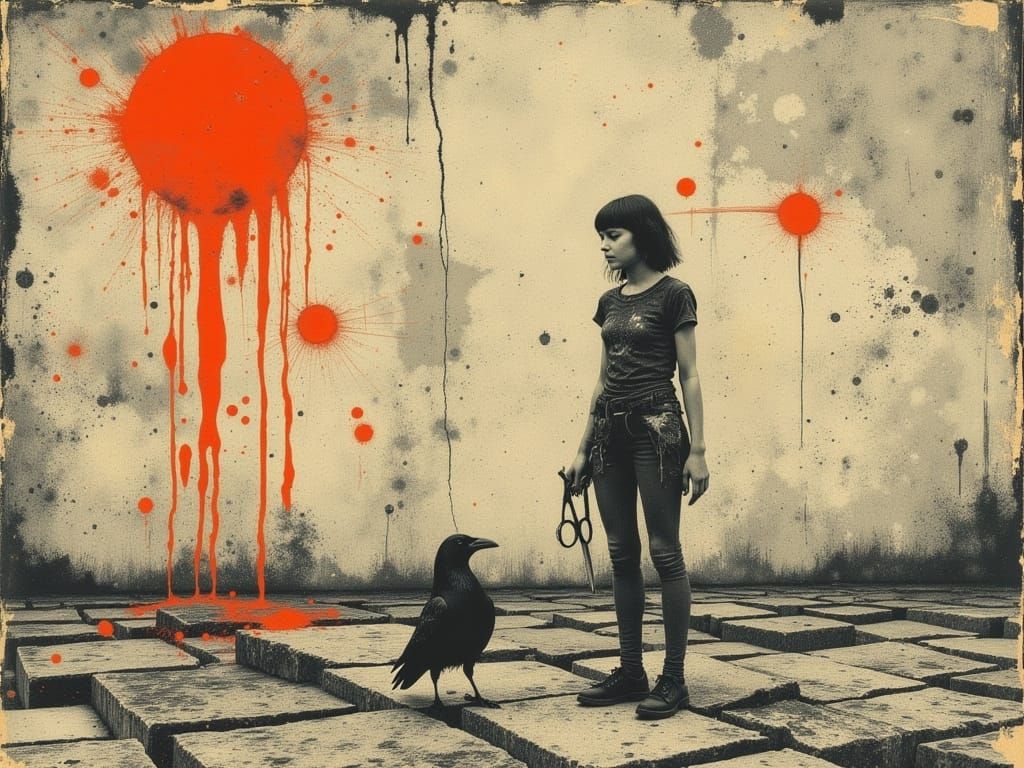 Tiny Figure in Gritty Urban Landscape with Gold Accents