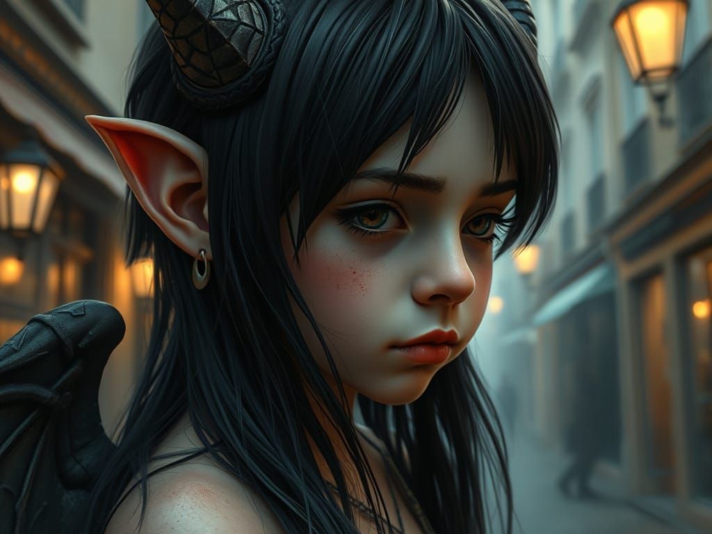 Whimsical Demon-Angel Portrait in Muted Watercolor