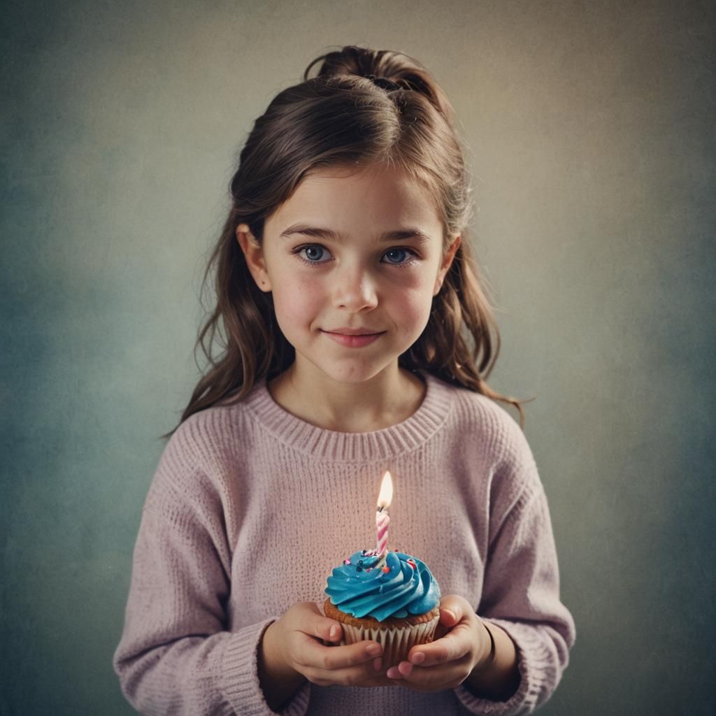 Girl with Birthday Cupcake Close-Up Photograph