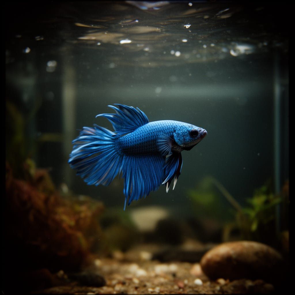 Cute Blue Betta Fish Swimming in Dim Aquarium