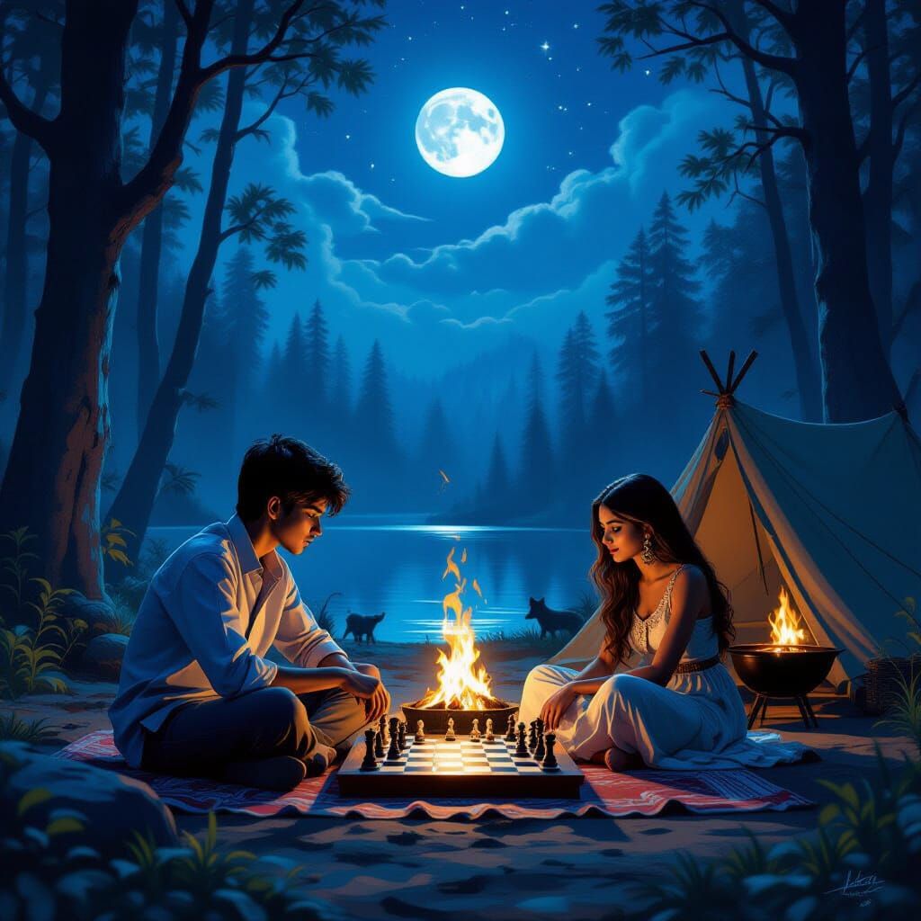 Indian Boy Contemplates Chess in Eerie Forest Under Moonligh...