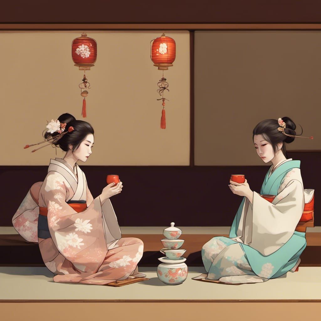 Japanese Women in Traditional Tea Ceremony, Art Nouveau