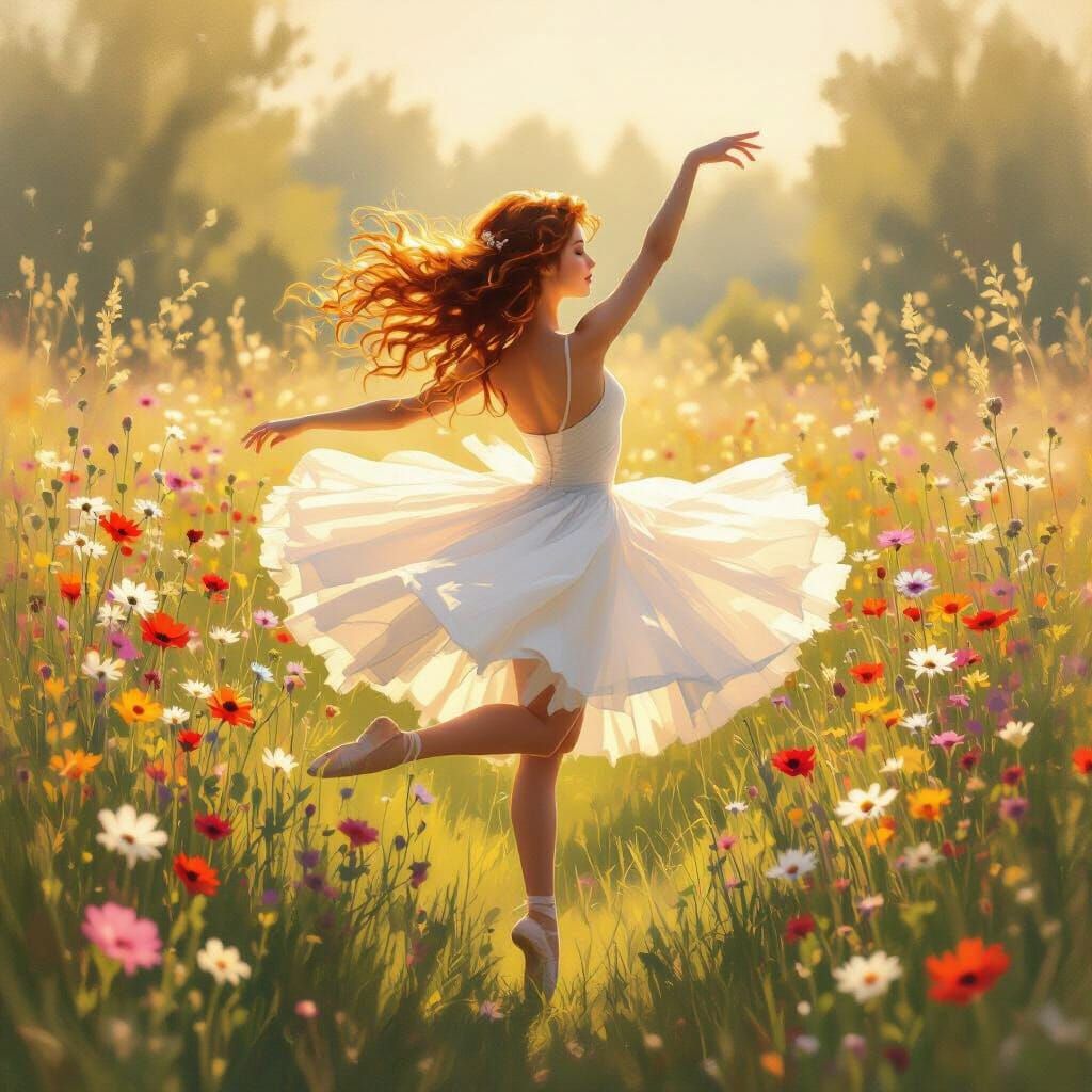Ballerina Dances in Sunlit Meadow: Impressionist Fantasy Art