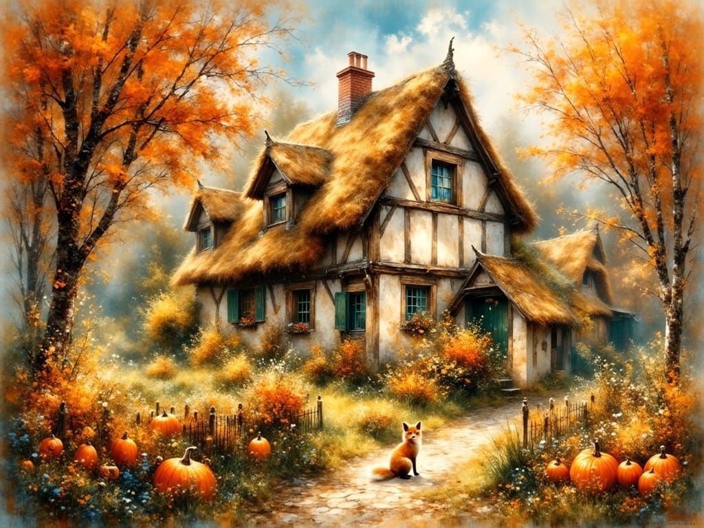Charming Autumn House with Fox in Watercolor Style
