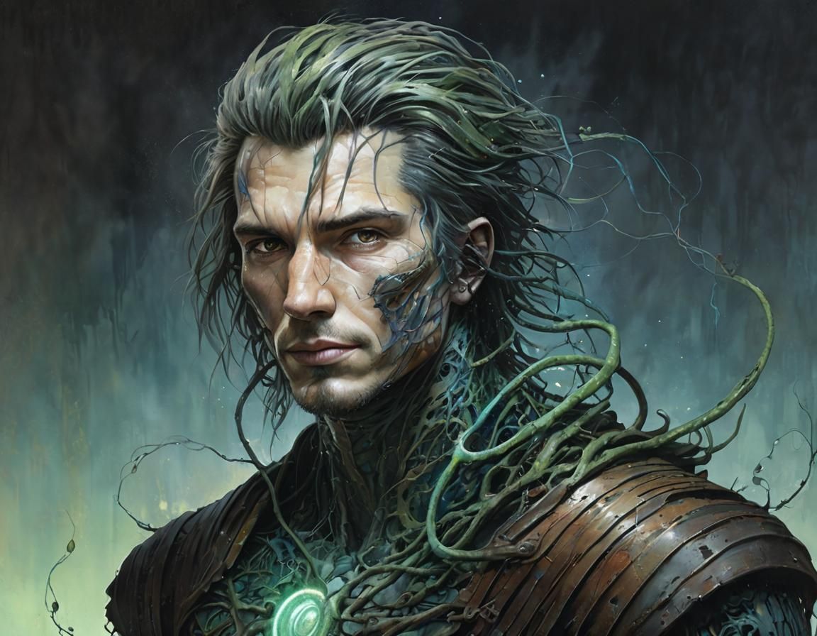 Cybernetic Portrait with Bioluminescent Vines, Watercolor St...