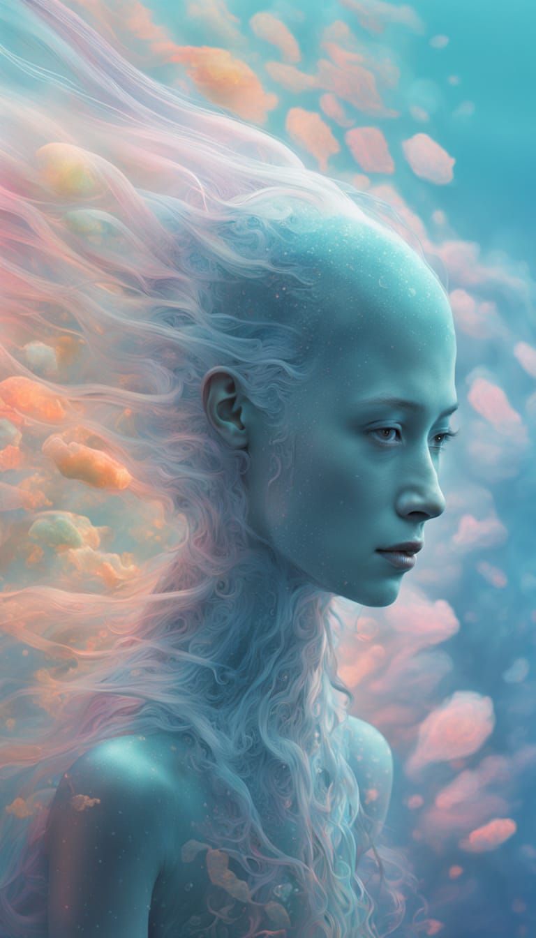 Ethereal Future Human Hybrid with Delicate Iridescent Fins i...