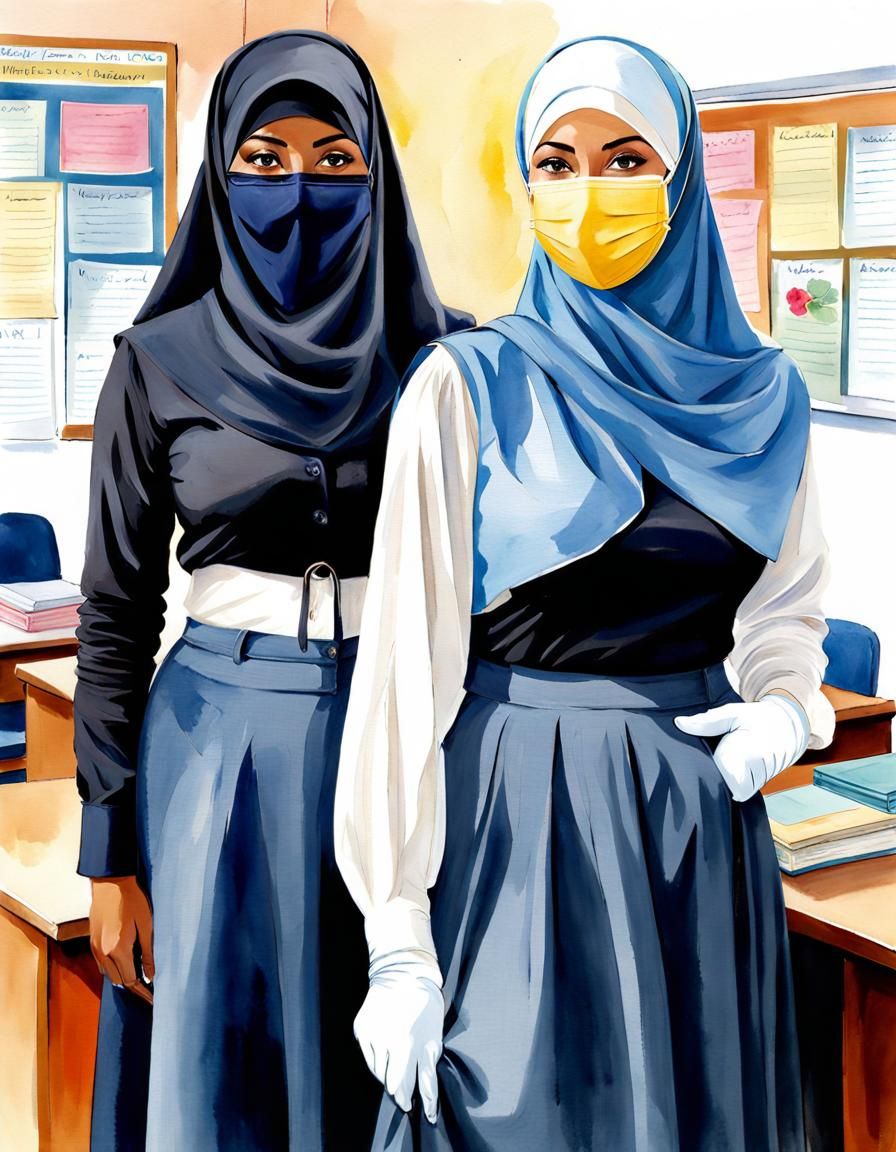 Watercolor Portrait: Two Niqabi Teachers in Classroom