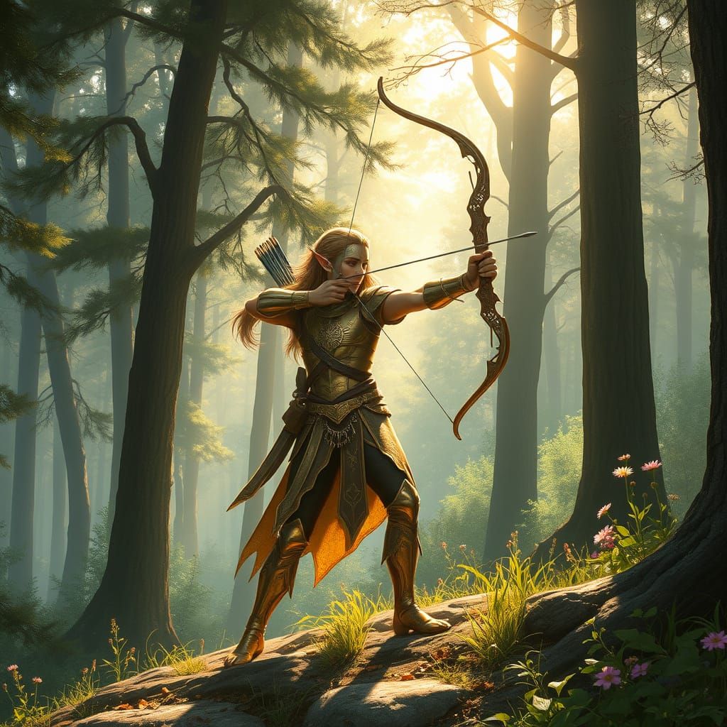 Elven Archer in Enchanted Forest, Art Nouveau Digital Painti...