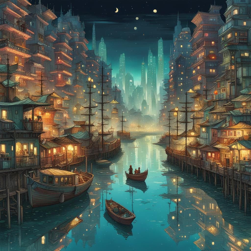 Colorful Coastal Metropolis at Night: Digital Art