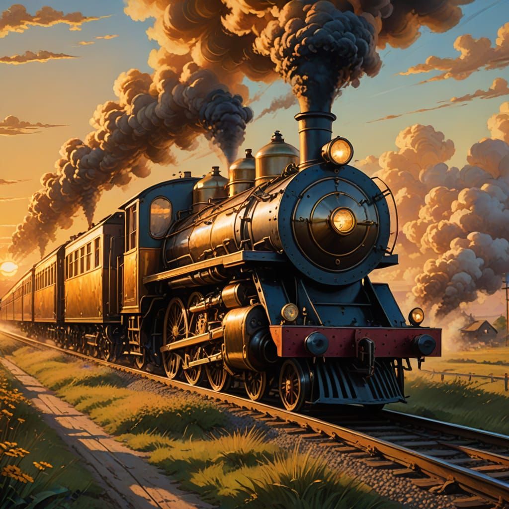 Steampunk Train Speeds Through Countryside at Sunset