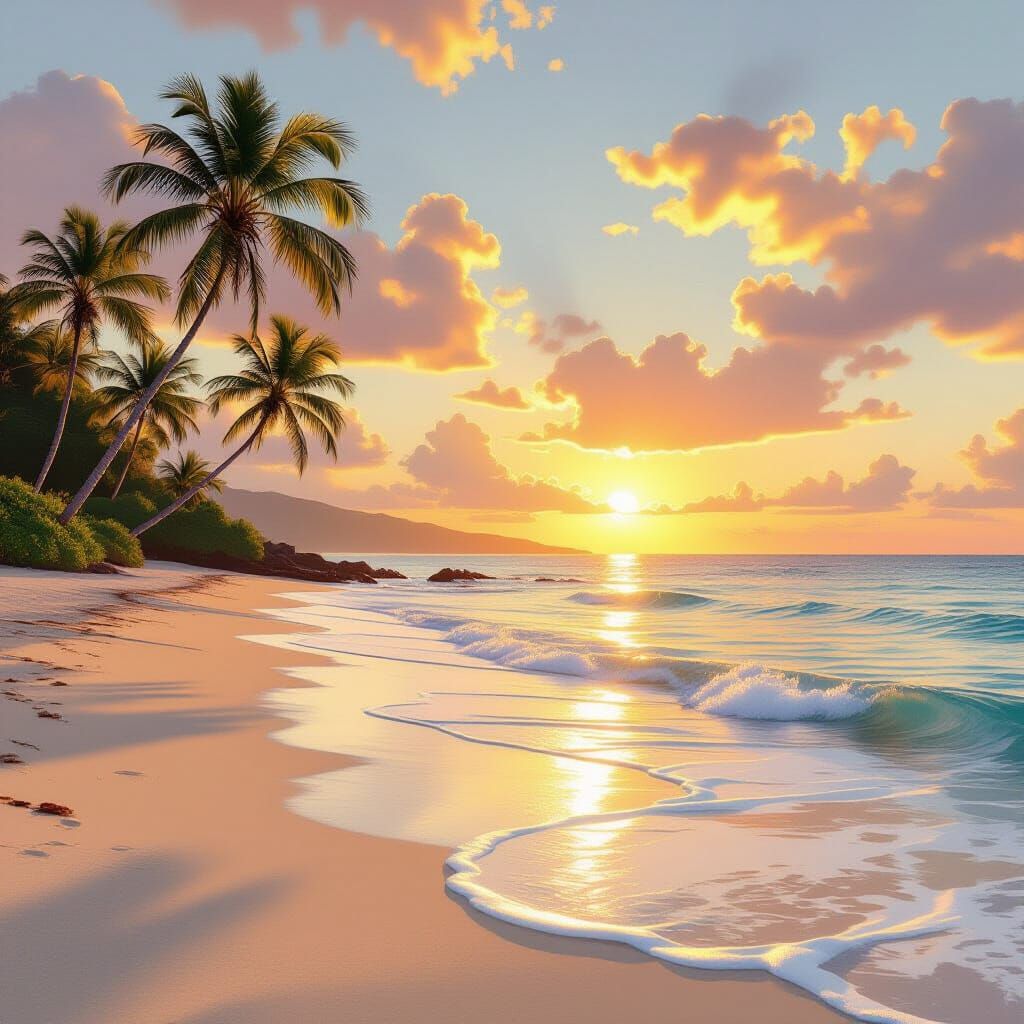 Tranquil Beach Sunset with Palm Trees in Golden Light