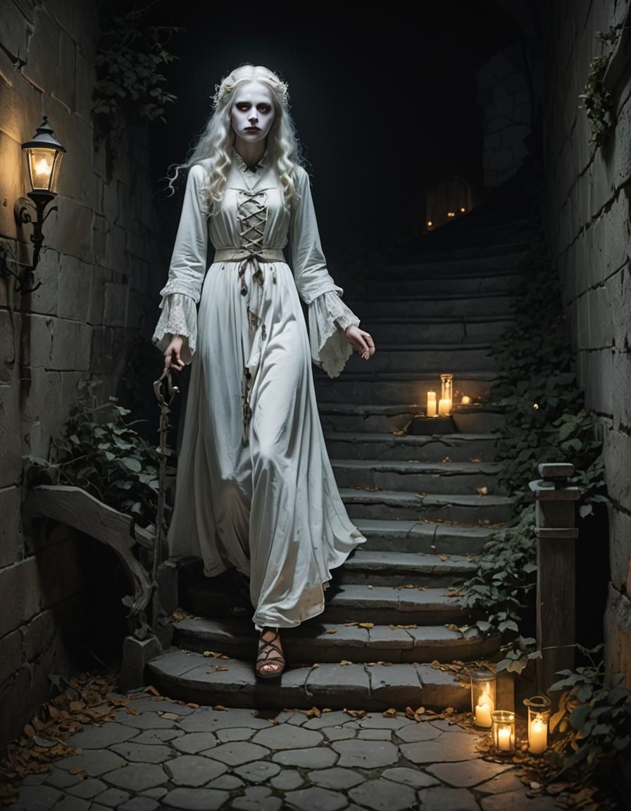 Young Witch Descending Stairs in White