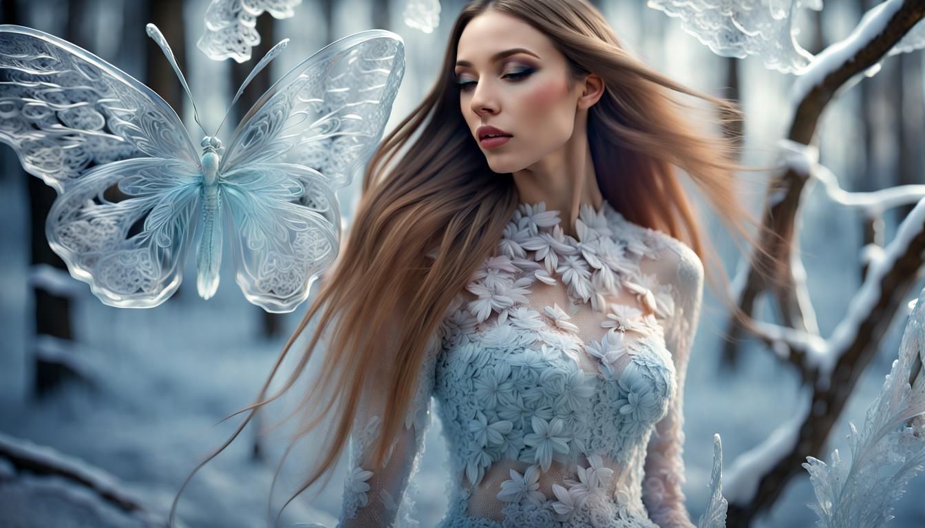 Iced Woman Sculpture in Motion with Floral Details