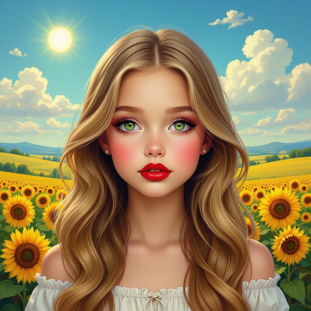 Girl with Blonde Hair and Sunflowers in Oil Painting Style
