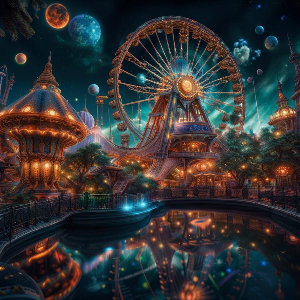 Cosmic Theme Park: Holographic Astral Illustration