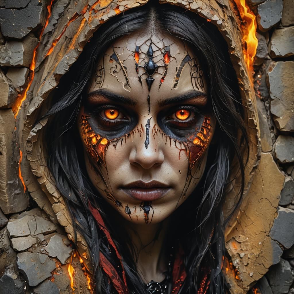 Gothic Woman Portrait with Fiery Eyes, Oil on Canvas