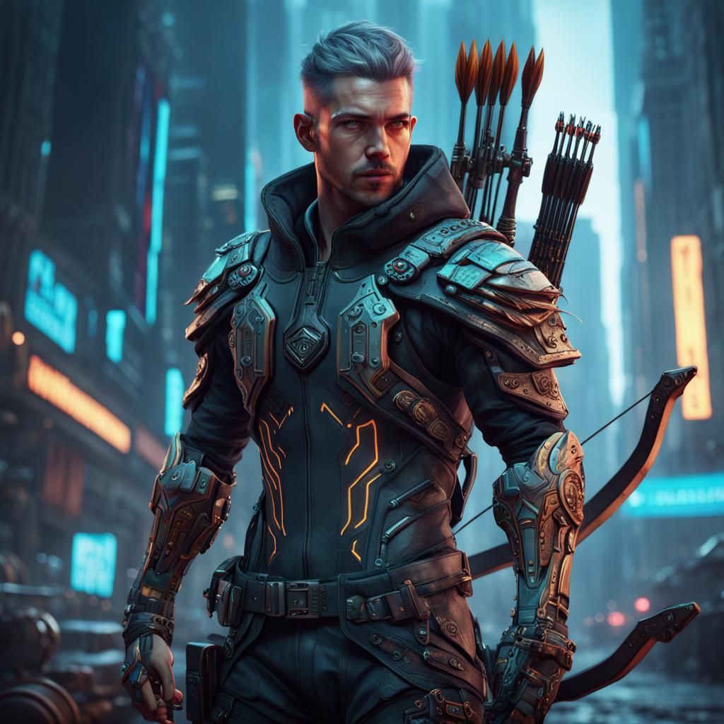 Cyberpunk Archer in Detailed Matte Painting