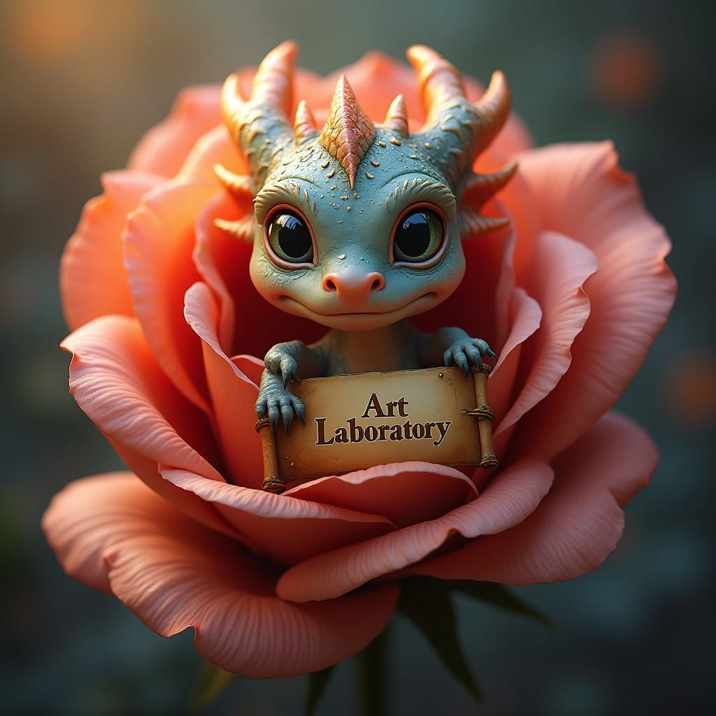Mystical Baby Dragon Emerges from Rose in Hyperrealistic Art