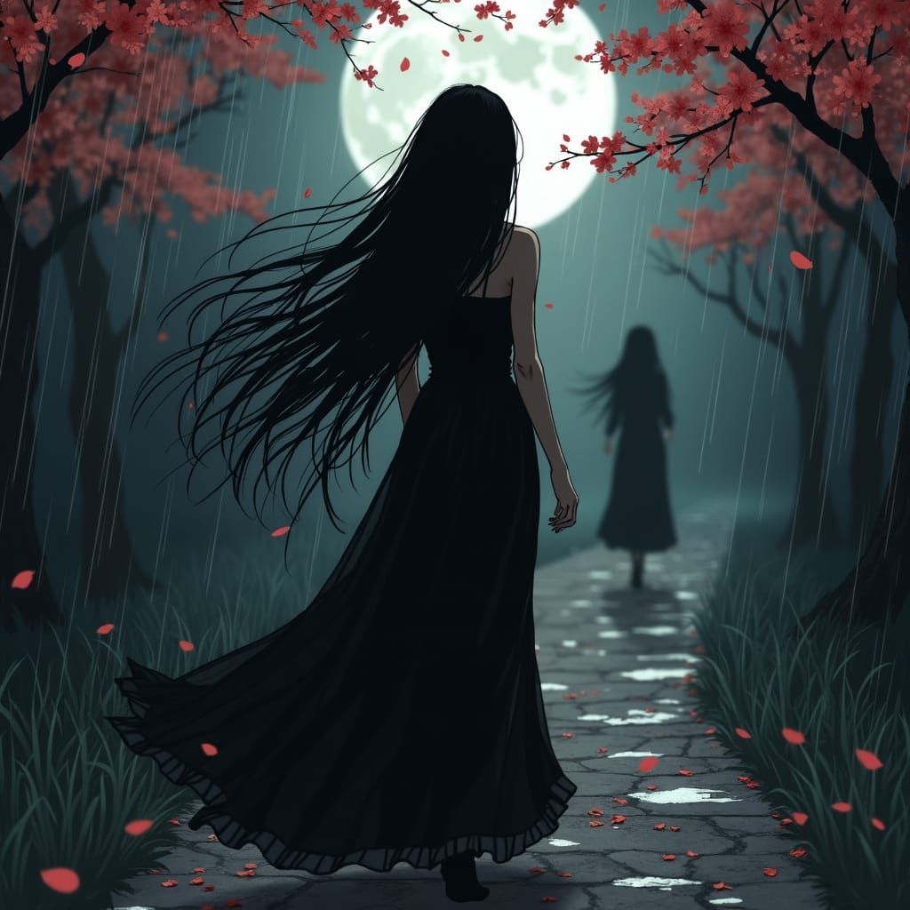 Melancholic Farewell: Gothic Woman in Dark Manga Style