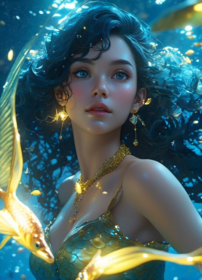 Anime Mermaid Portrait in Deep Sea