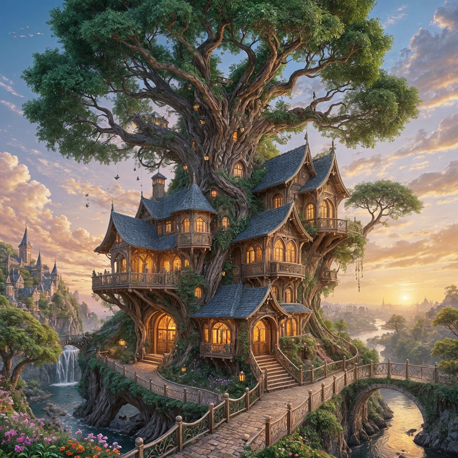 Majestic Tree City at Sunset in Art Nouveau Style