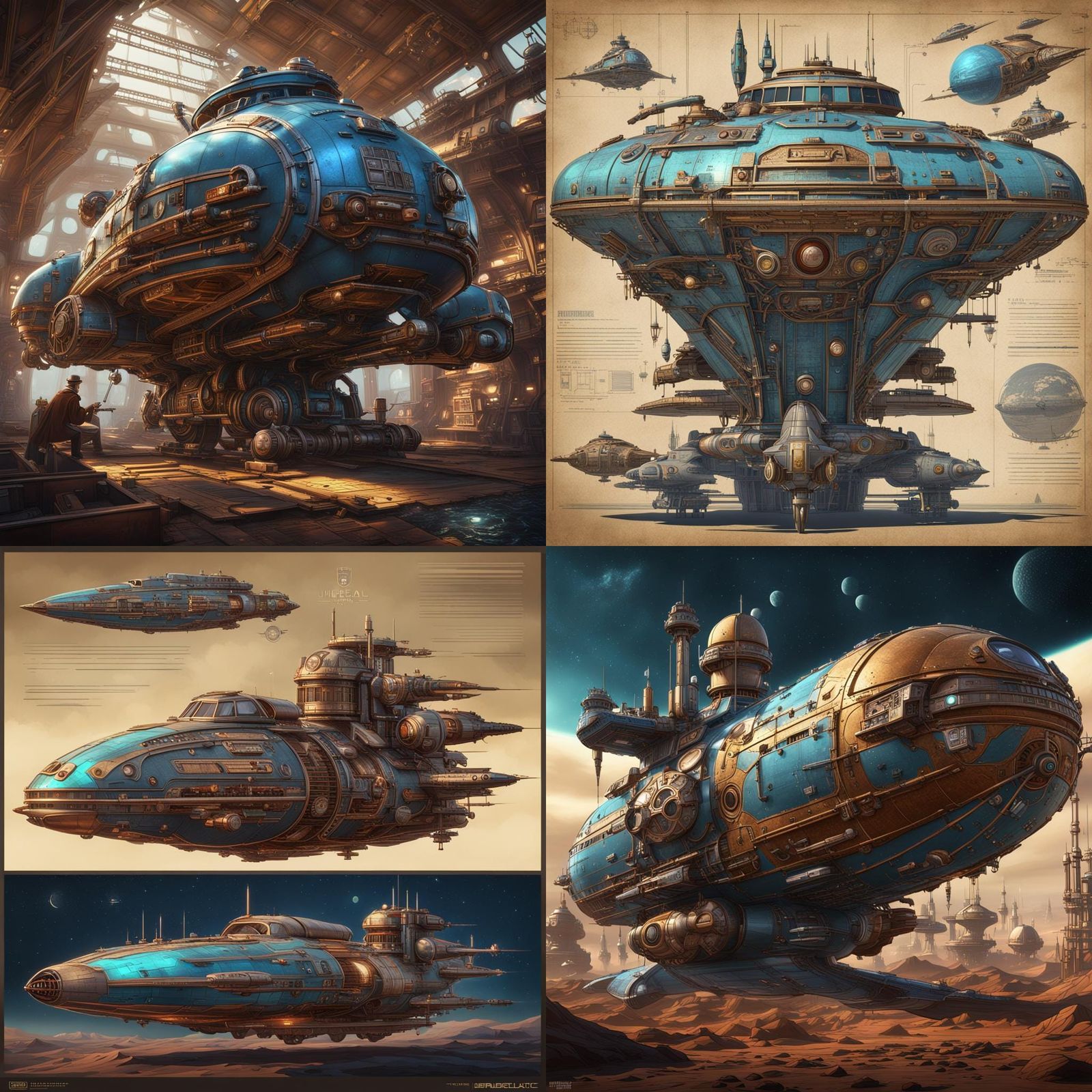 Retro Steampunk Intergalactic Starships in Detailed Matte Pa...