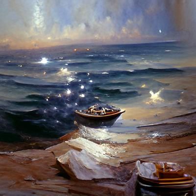 Starlit Seascape with Boat, in Oil Painting Style
