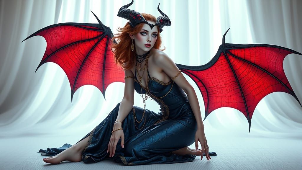 A highly detailed portrait of a pale demoness with striking, ethereal features, soft, flowing chestnut hair and piercing...