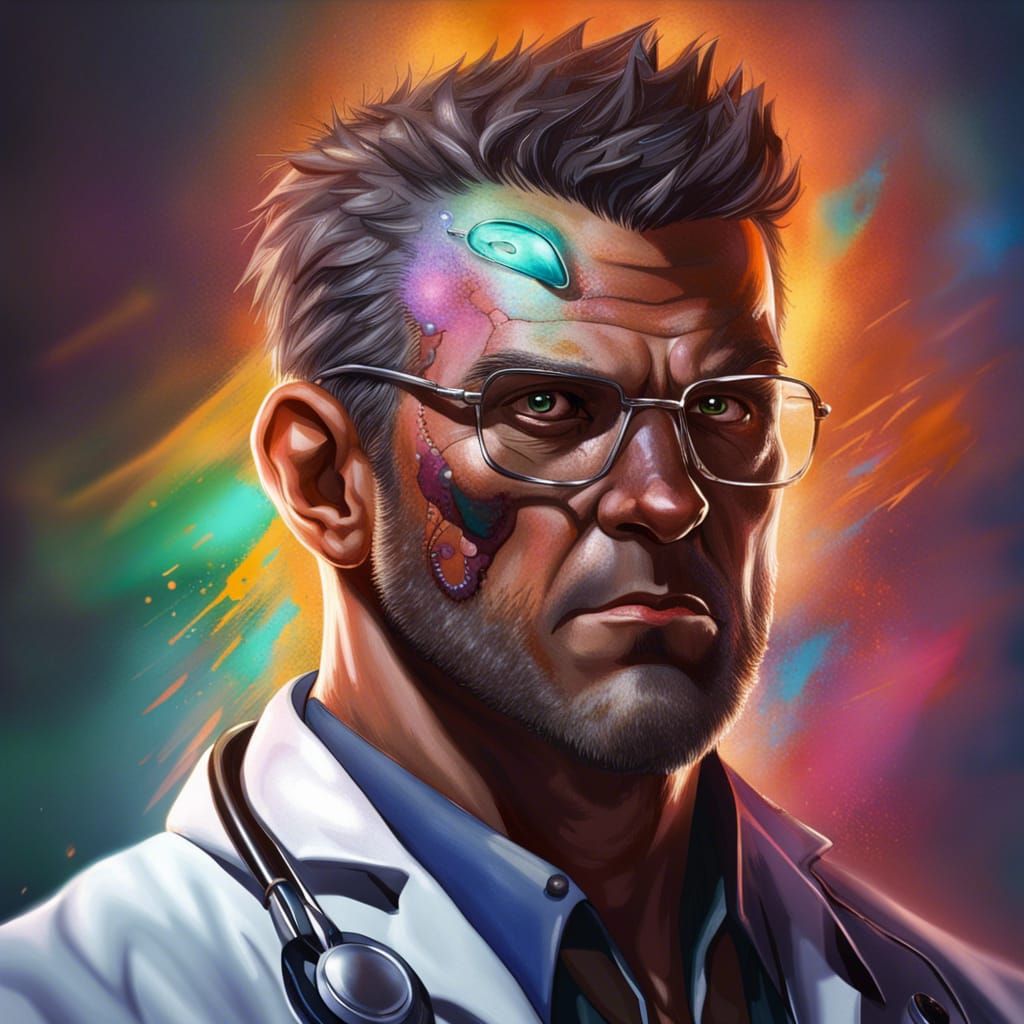 Hyperrealistic Doctor Portrait with Colorful Splash Art