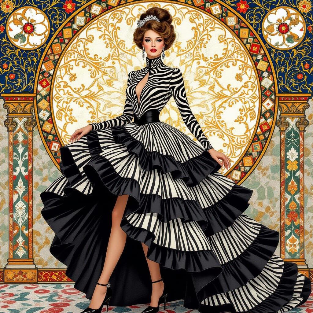 Elegant Zebra Dress Lady in Oil Painting Style