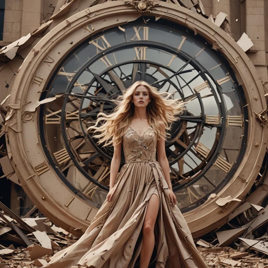 Blonde Model in Torn Dress Before Broken Clock