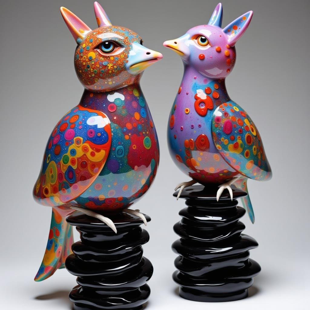 Glass Feline Bird Sculptures with Surreal Glow