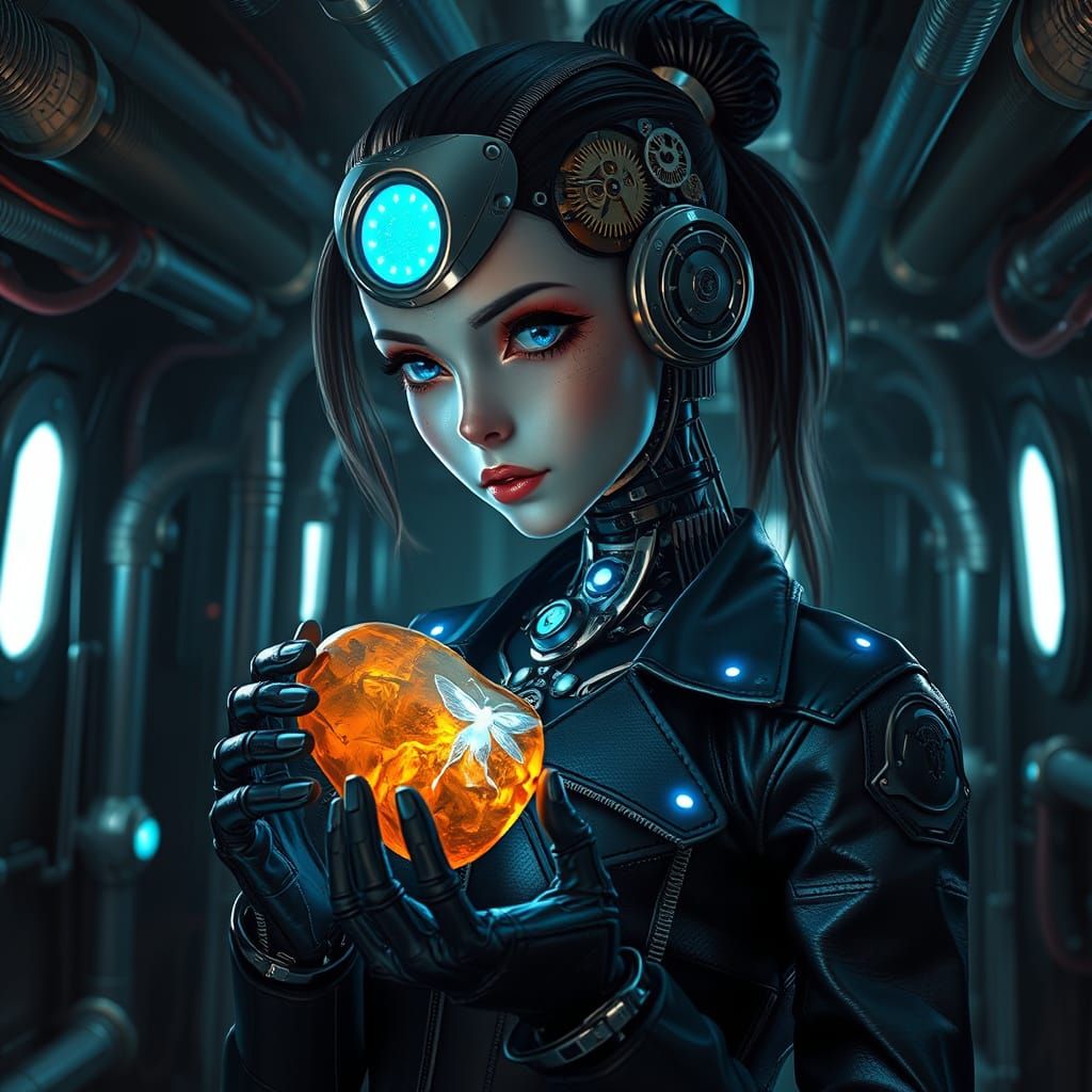 Droid Holds Fairy Fossil in Biomechanical Spaceship