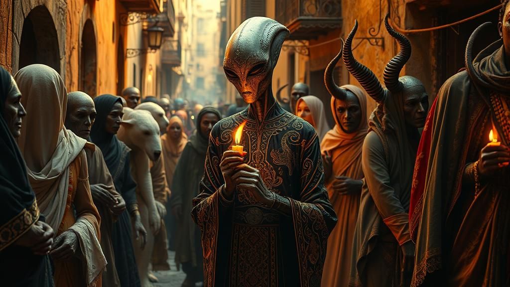 Mystical Alien in Tangier Crowd, Surreal Art