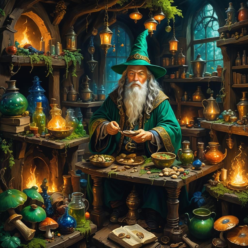 Wizard in Forest House: A Fantastical Oil Painting