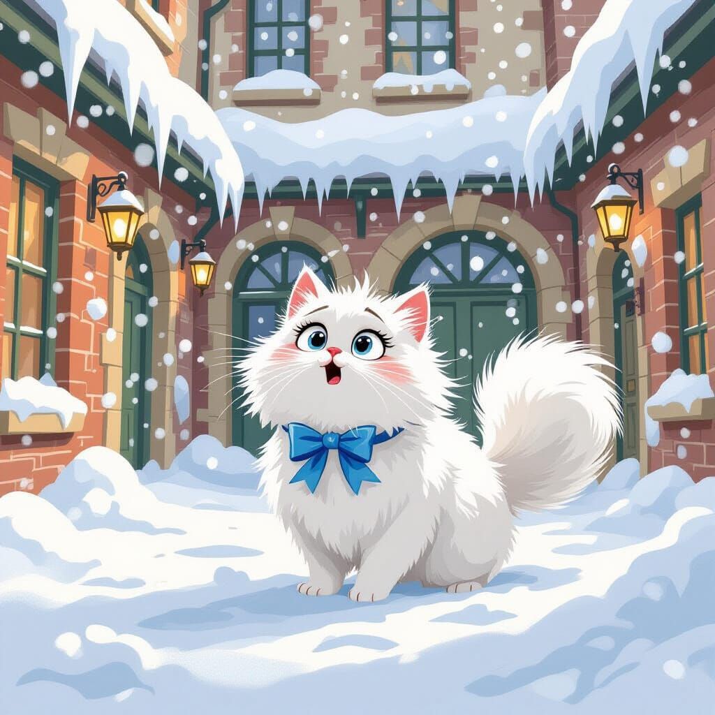 Whimsical Cat in Snowy Courtyard Children's Book Illustratio...