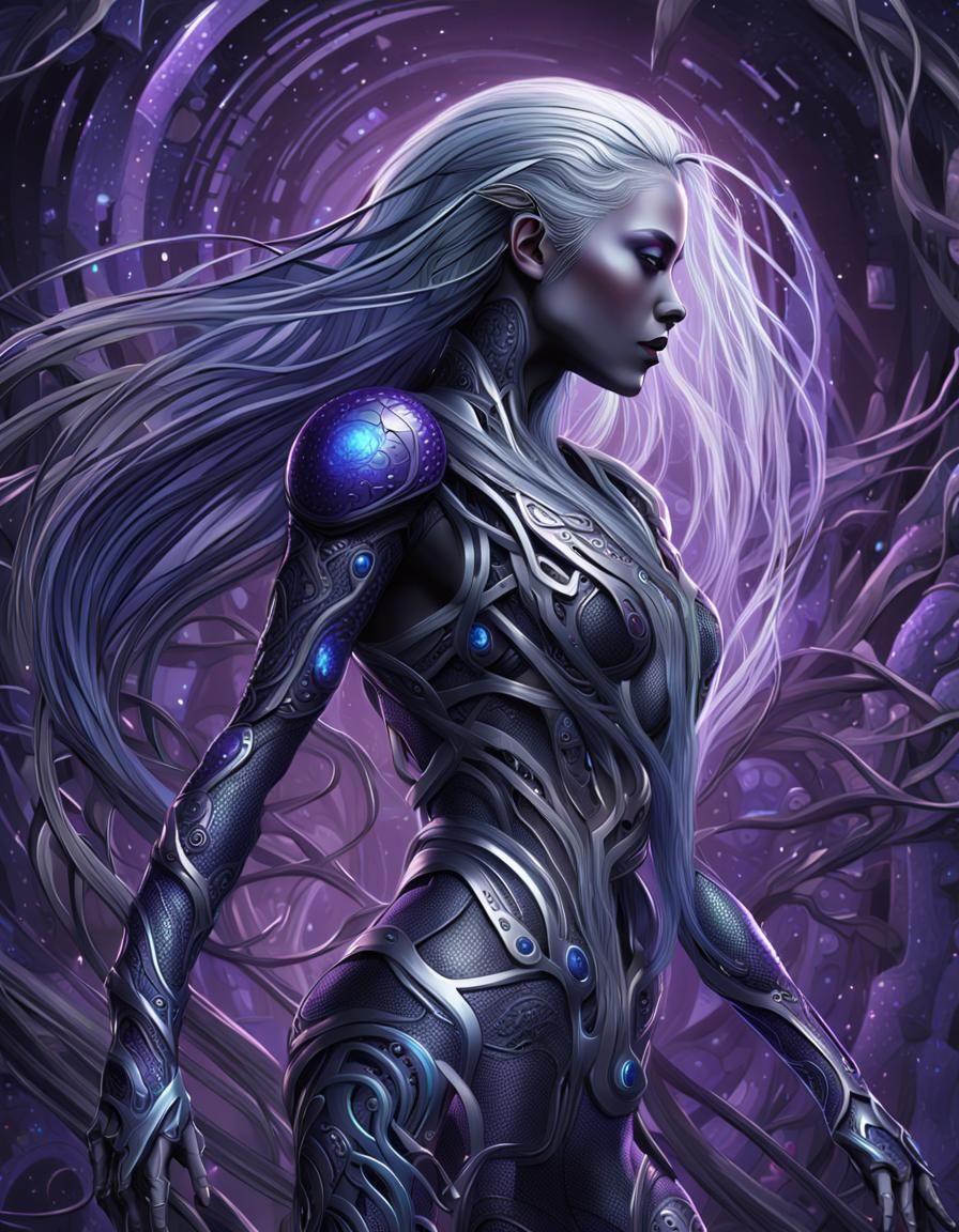 Futuristic Biomechanical Woman in Dark Sci-Fi Style