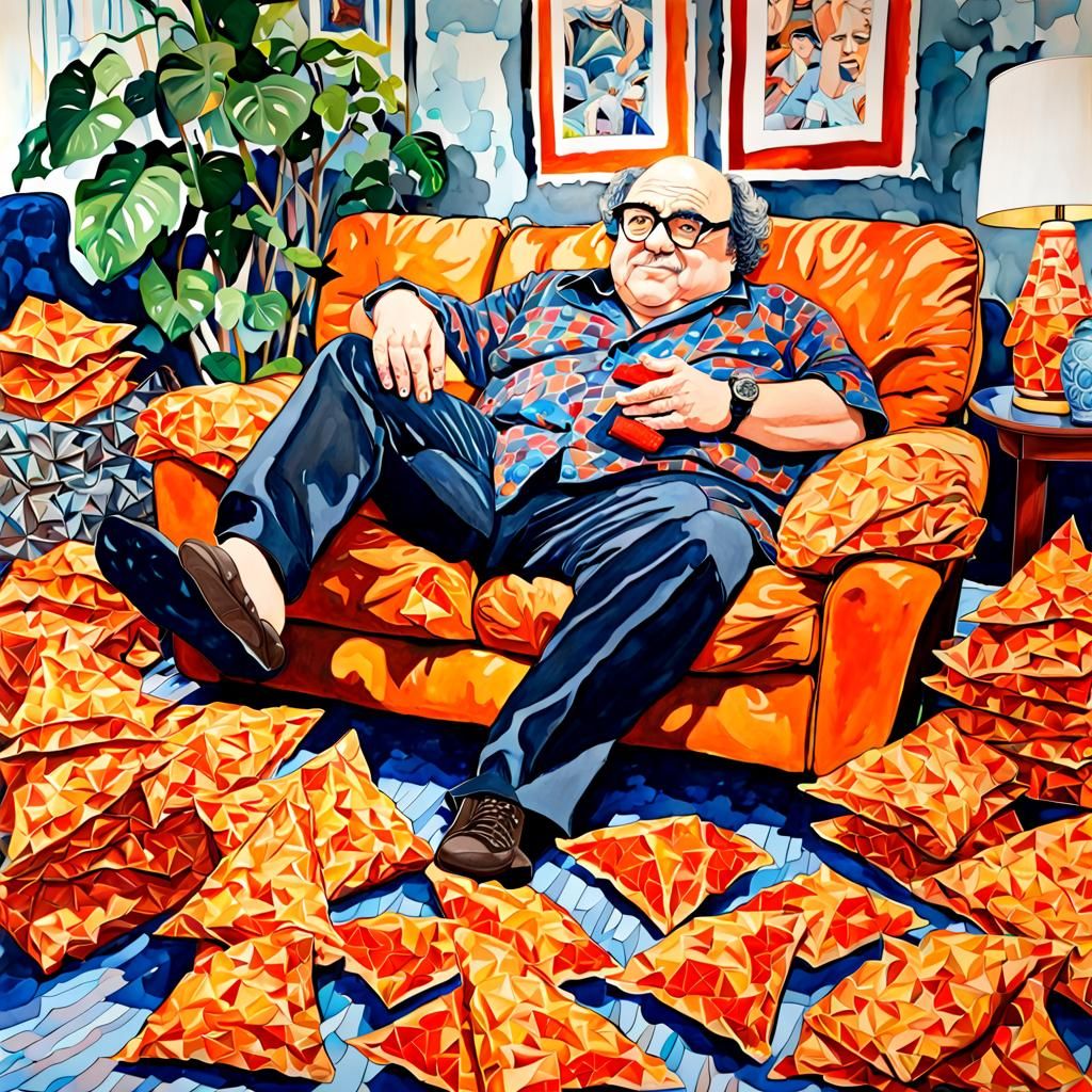 Danny DeVito Lounging Among Doritos: Watercolor Painting