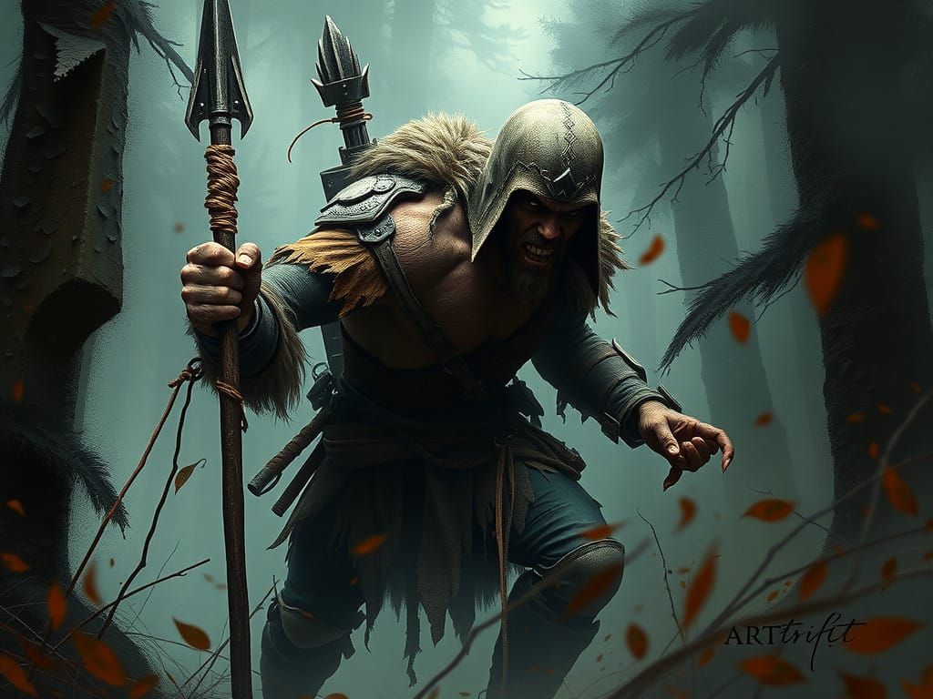 Dark Fantasy Warrior Stalks Primeval Forest
