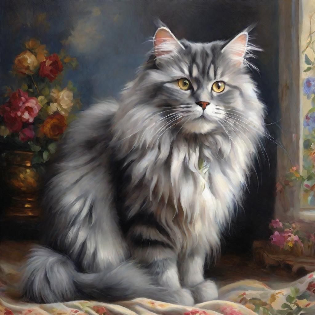 Grey Fluffy Cat in Impressionist Gouache Style