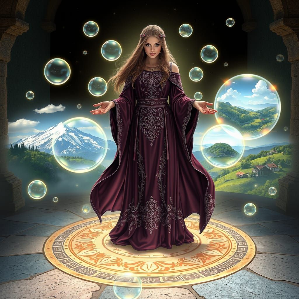 Mystical Sorceress in Radiant Circle of Sigils with Luminous...