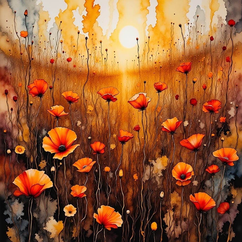 Golden Poppies in Impressionistic Ink and Watercolor Style