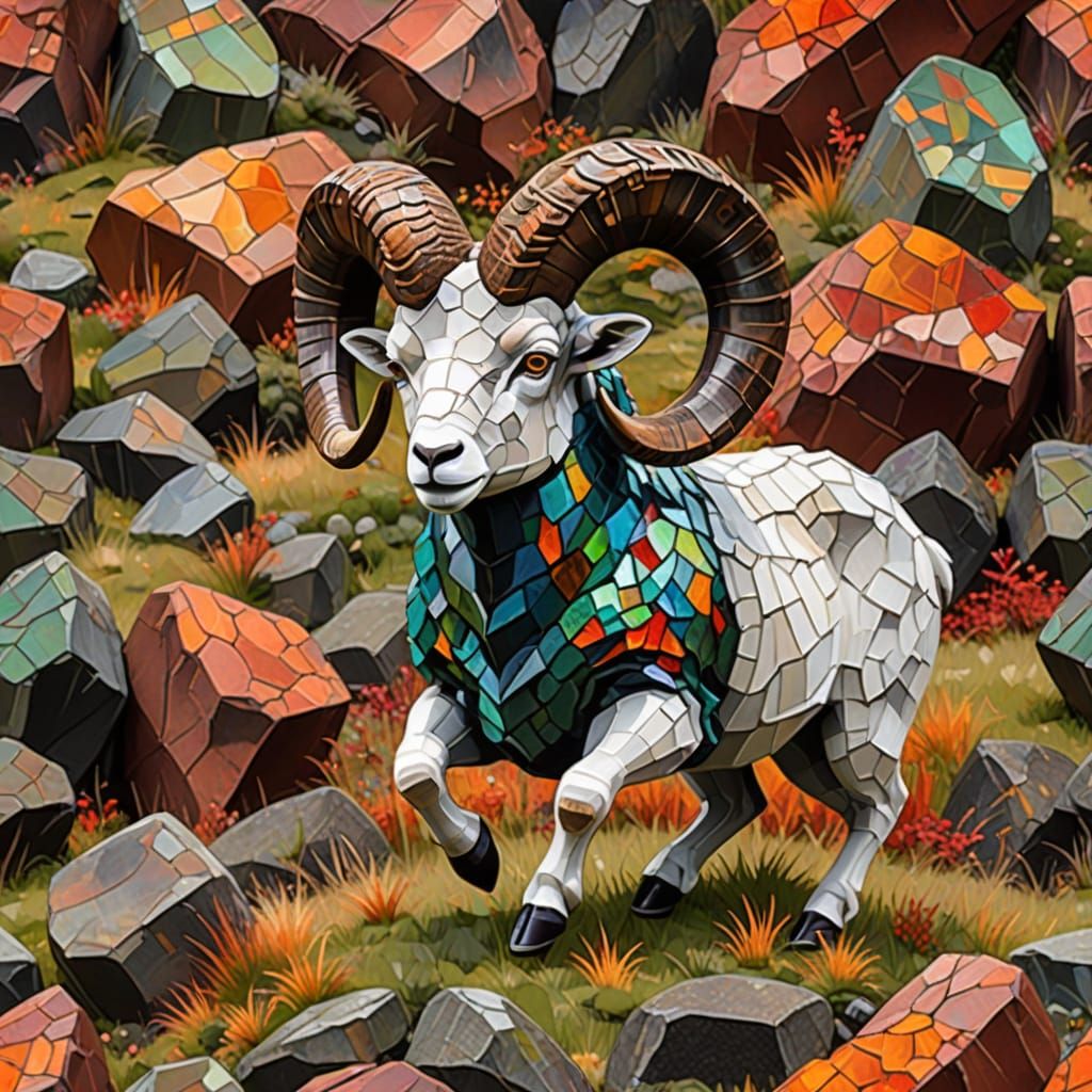 Iridescent Mosaic of a Wild Ram Jumping