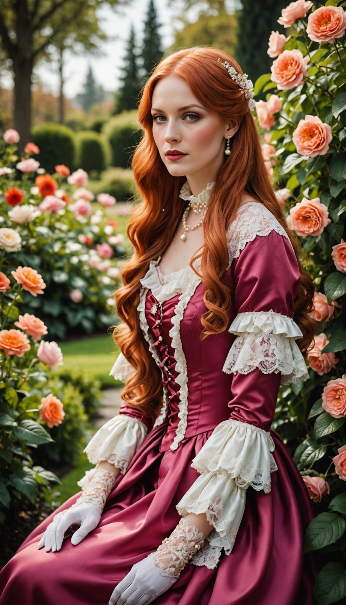 Elegant Woman in Bloom-Filled Garden, Fashion Editorial Styl...