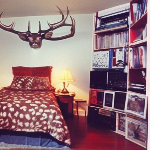 Eerie 90s Bedroom with Taxidermy Deer Head