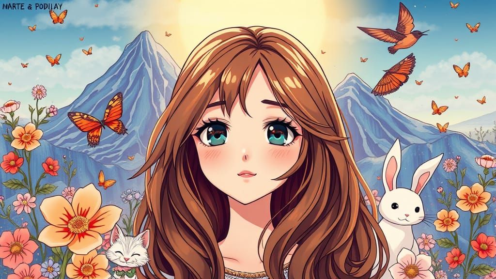 Earth-Toned Anime Girl with Vibrant Flowers and Pets