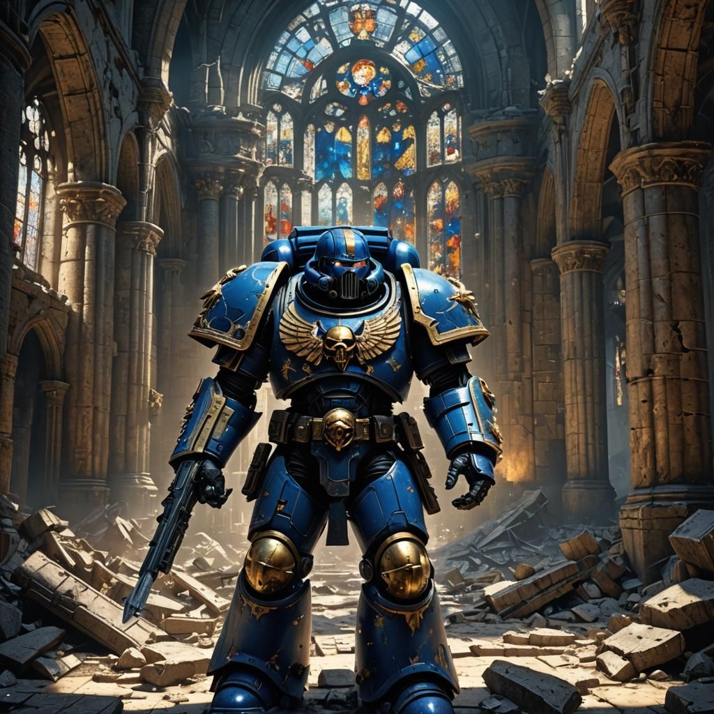 Space Marine in Ruined Cathedral: Digital Art