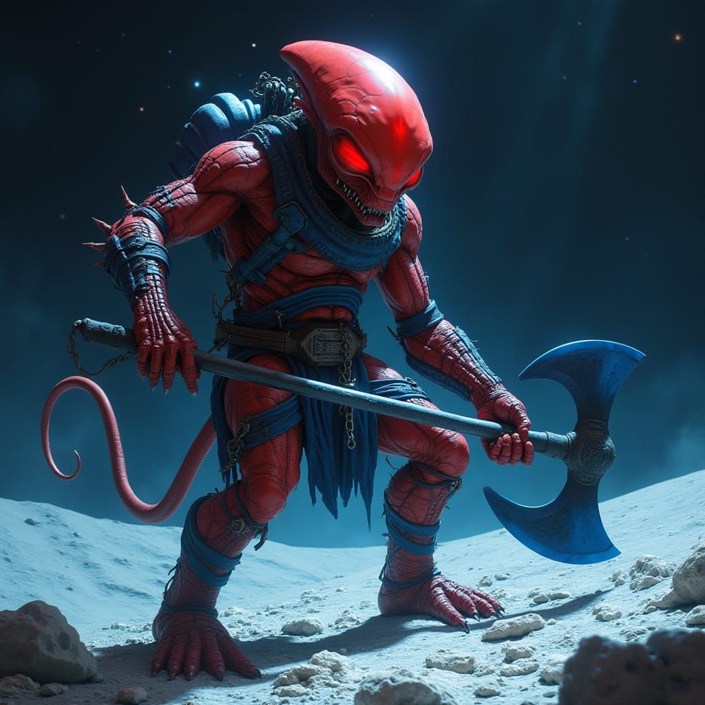 Alien Warrior Wielding Axe on Moon Surface