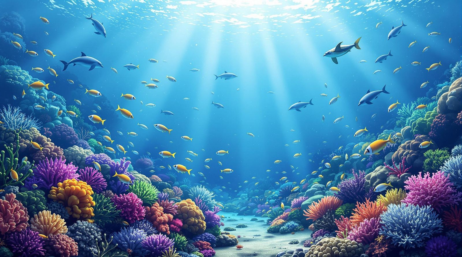 Vibrant Coral Reef Teeming with Life in Stylized Digital Ill...